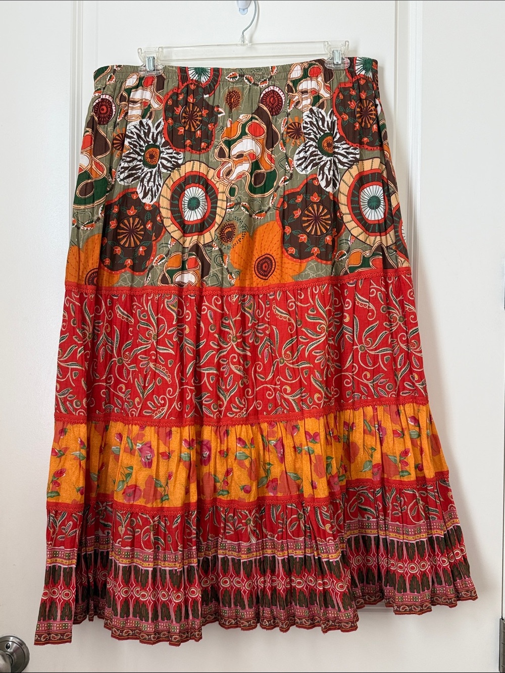 Coldwater Creek Bohemian Tiered Cotton Maxi Skirt in Orange & Olive Green 2X